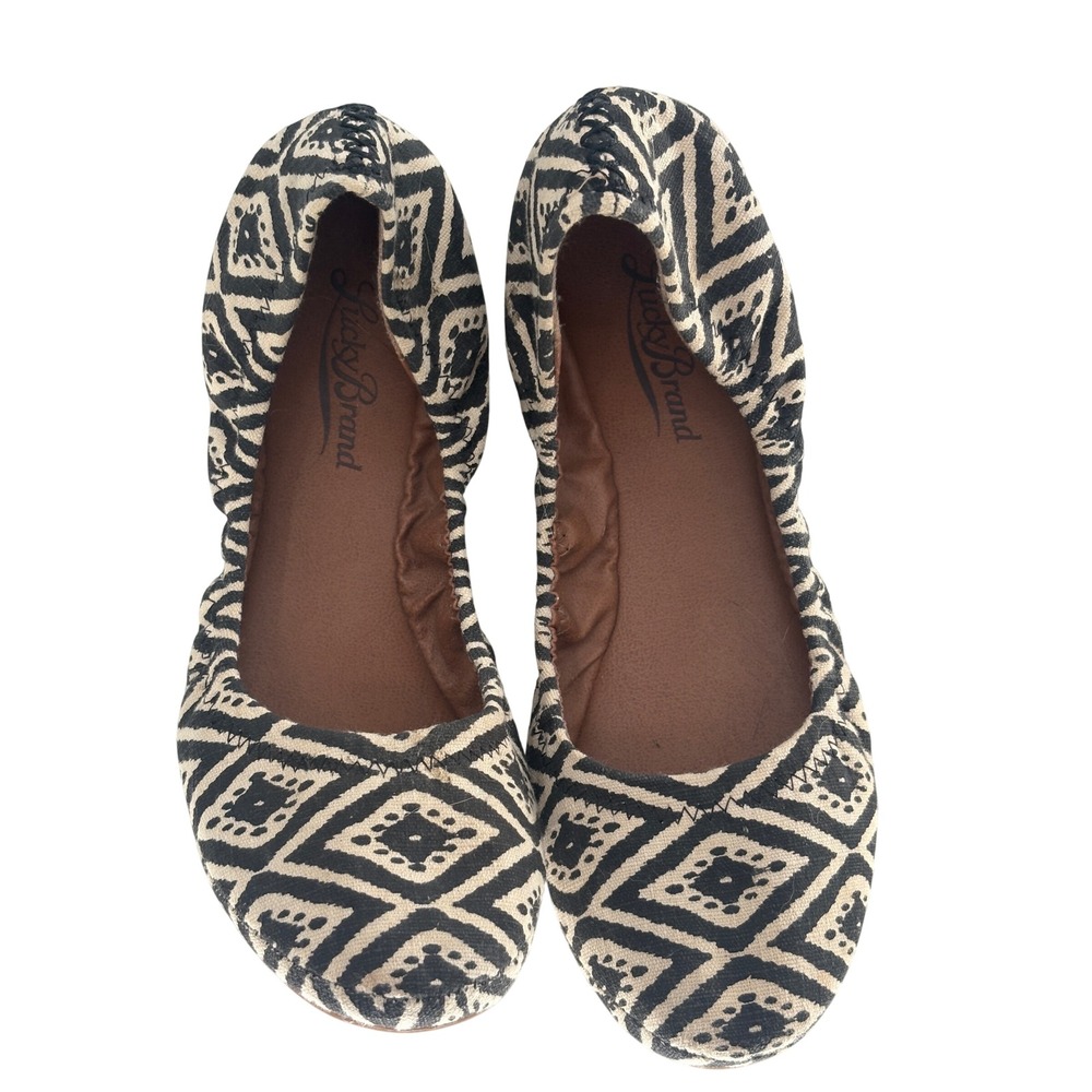 Lucky Brand Ballet Flats Boho Southwest Canvas Black White Women 7.5